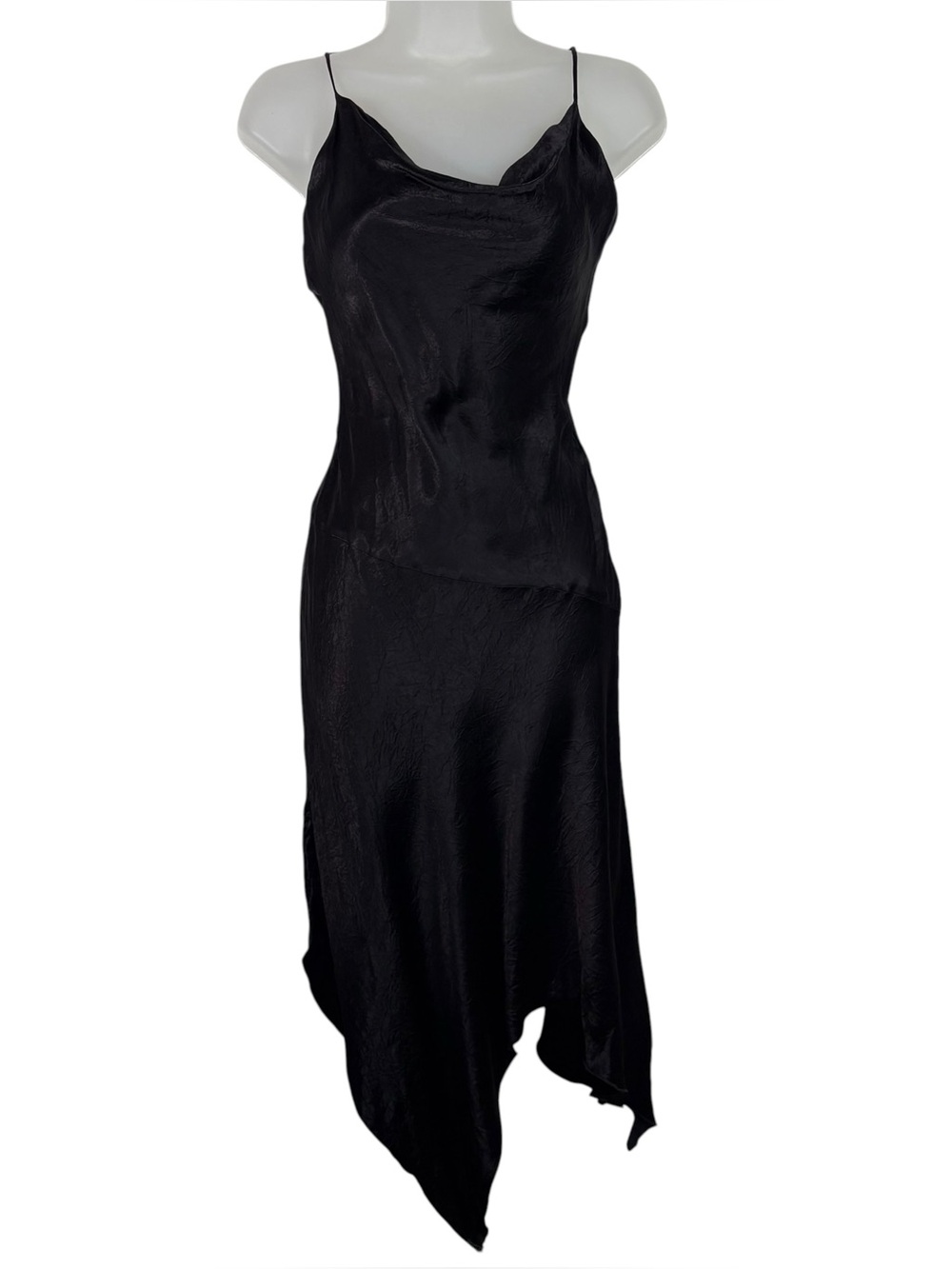 Vintage Y2K Wet Seam Black Satin Asymmetrical Handkerchief Hem Whimsigoth Dress